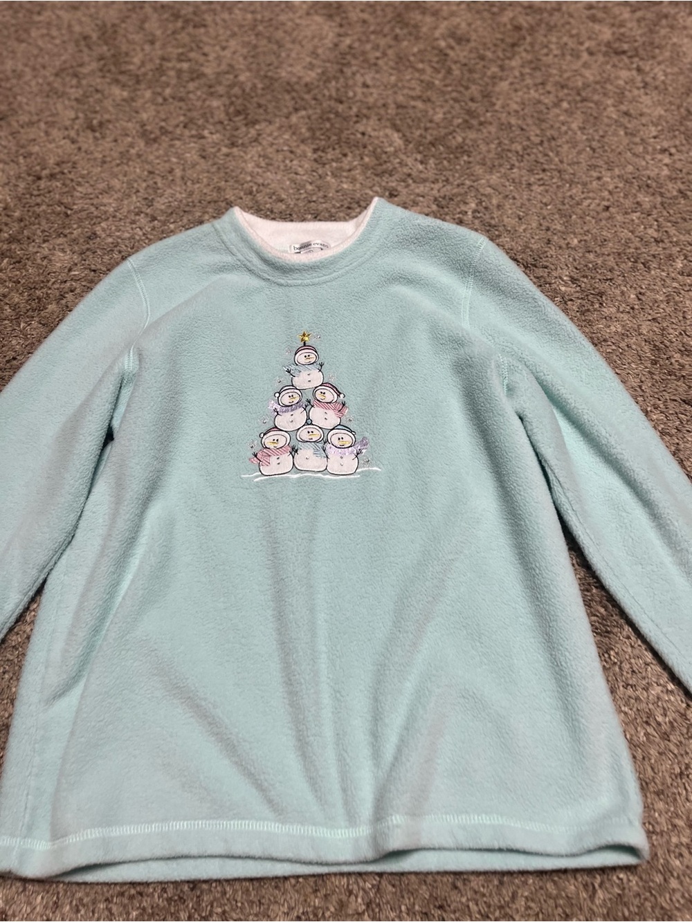 Women's Light Blue Fleece Pajama Top with Snowman Pyramid